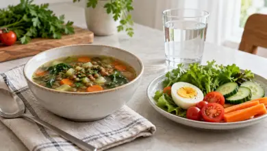 Gemüse-Linsen-Suppe und Salat mit Ei neben einem Glas Wasser [Bildinhalt mit KI erstellt]