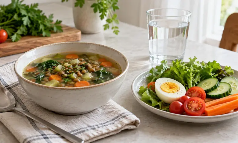 Gemüse-Linsen-Suppe und Salat mit Ei neben einem Glas Wasser [Bildinhalt mit KI erstellt]