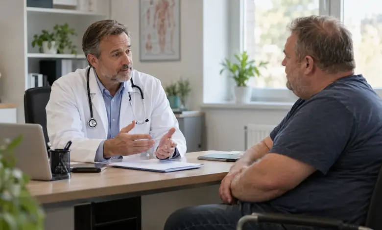 Arzt und erwachsener Patient besprechen Unterlagen in einem Sprechzimmer [Bildinhalt mit KI erstellt]