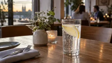 Glas Mineralwasser mit Zitrone auf einem Tisch [Bildinhalt mit KI erstellt]