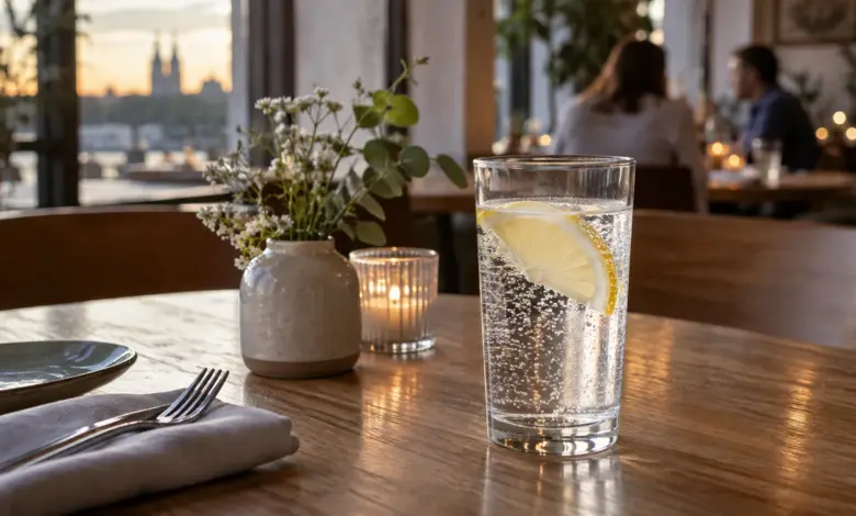 Glas Mineralwasser mit Zitrone auf einem Tisch [Bildinhalt mit KI erstellt]