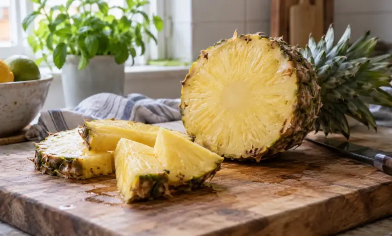Halbe Ananas und frische Ananasscheiben auf einem Brett [Bildinhalt mit KI erstellt]