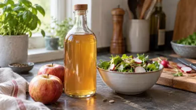 Unbeschriftete Flasche Apfelessig neben zwei Äpfeln und einer Salatschale [Bildinhalt mit KI erstellt]