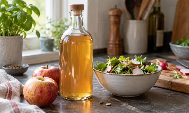 Unbeschriftete Flasche Apfelessig neben zwei Äpfeln und einer Salatschale [Bildinhalt mit KI erstellt]