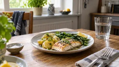 Teller mit Gemüse, Kartoffeln und Fisch auf einem Esstisch [Bildinhalt mit KI erstellt]