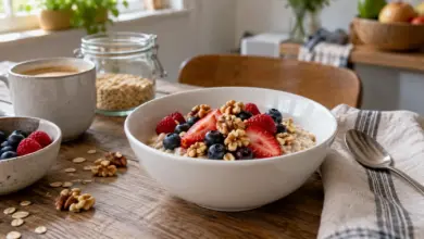 Schale Haferflocken mit Beeren und Walnüssen [Bildinhalt mit KI erstellt]