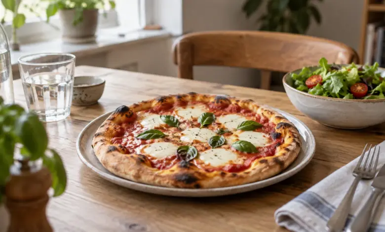 Selbst gemachte Pizza und ein kleiner Salat auf einem Tisch [Bildinhalt mit KI erstellt]