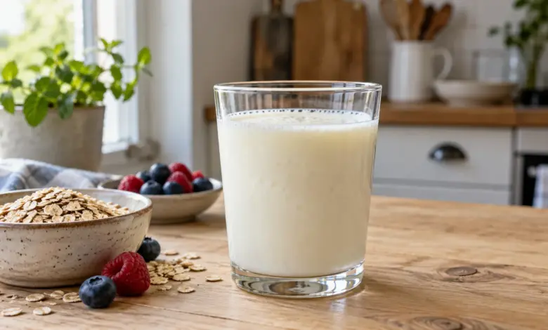 Glas Buttermilch auf einem Holztisch neben Haferflocken und frischen Beeren [Bildinhalt mit KI erstellt]