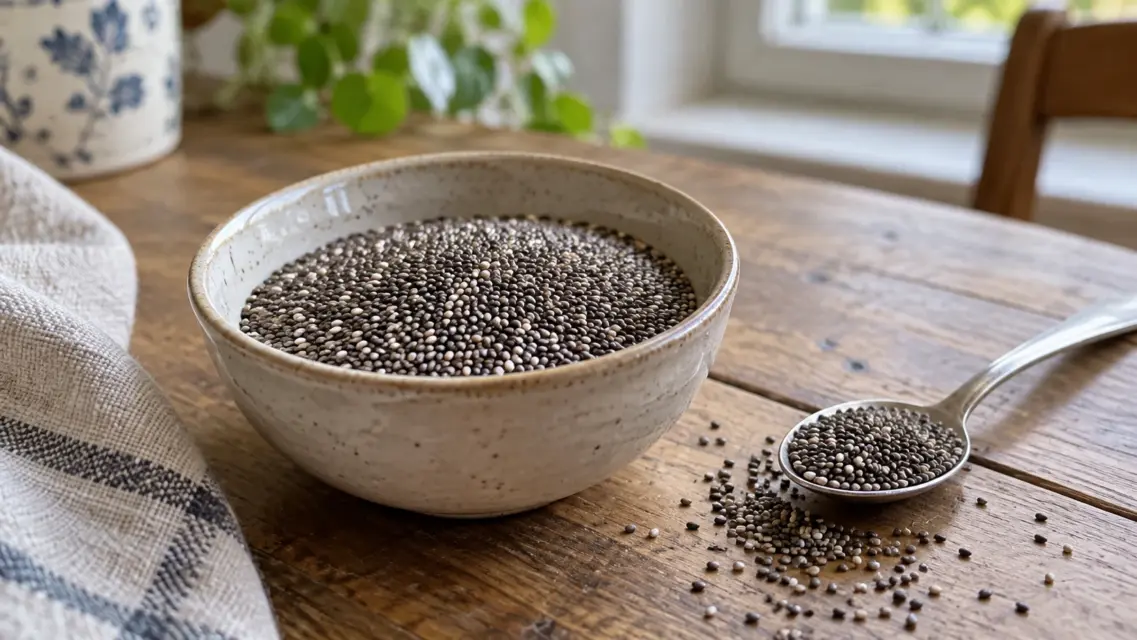 Kleine Schale mit Chiasamen neben einem Teelöffel [Bildinhalt mit KI erstellt]