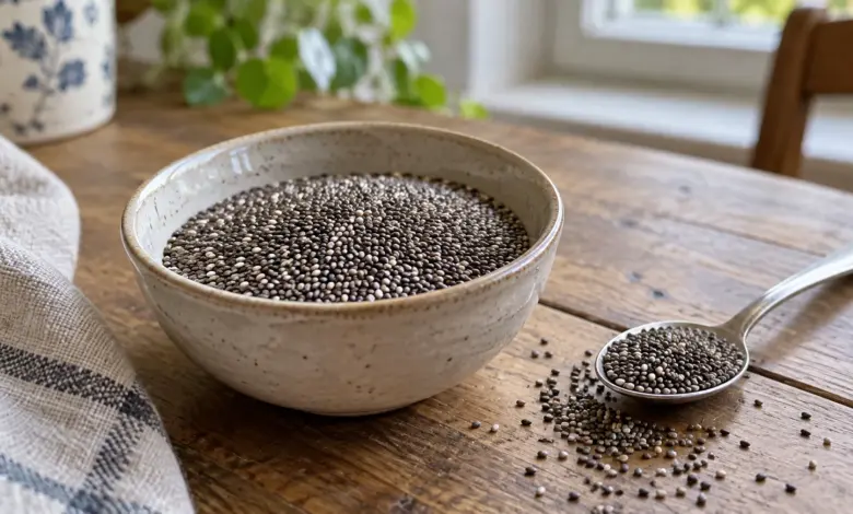 Kleine Schale mit Chiasamen neben einem Teelöffel [Bildinhalt mit KI erstellt]