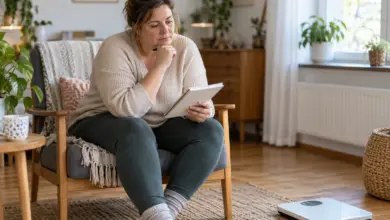 Frau betrachtet ihre Notizen, neben ihr steht eine Waage im Wohnzimmer. [Bildinhalt mit KI erstellt]
