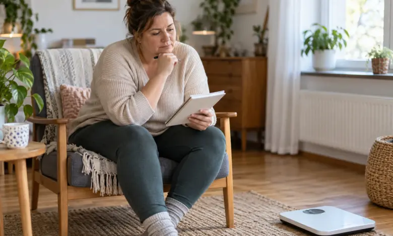 Frau betrachtet ihre Notizen, neben ihr steht eine Waage im Wohnzimmer. [Bildinhalt mit KI erstellt]