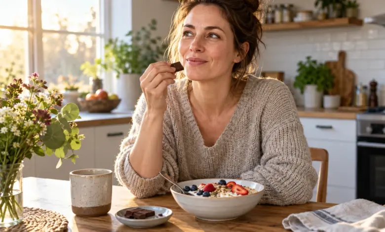Frau genießt ein Stück Schokolade am Küchentisch neben Joghurt mit Haferflocken und Beeren. [Bildinhalt mit KI erstellt]