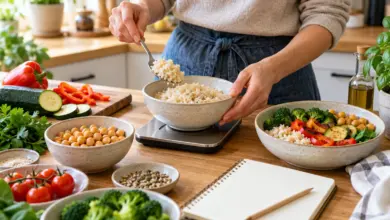Eine Person portioniert Reis mit einer Küchenwaage neben Gemüse und Kichererbsen. [Bildinhalt mit KI erstellt]