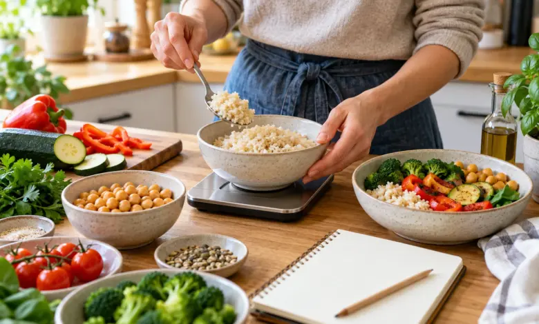 Eine Person portioniert Reis mit einer Küchenwaage neben Gemüse und Kichererbsen. [Bildinhalt mit KI erstellt]