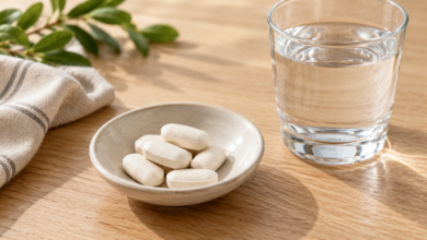 Unbeschriftete Tabletten in einer Schale neben einem Wasserglas – Symbolbild [Bildinhalt mit KI erstellt]
