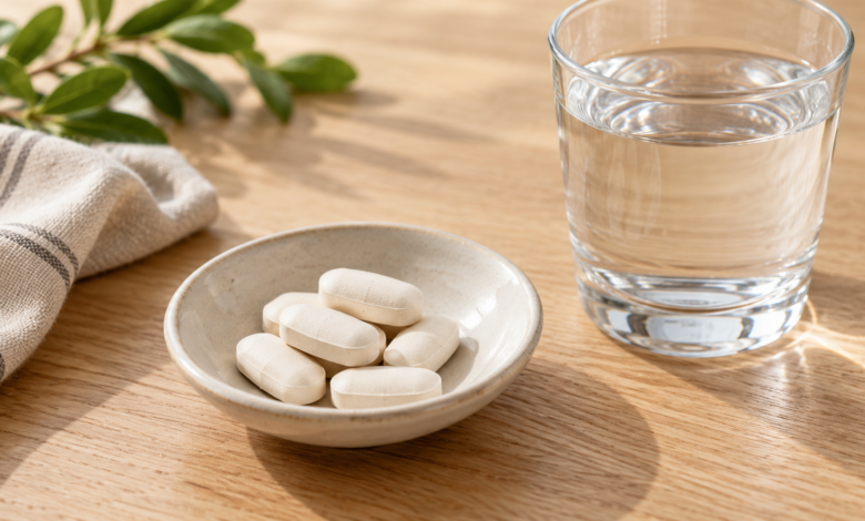 Unbeschriftete Tabletten in einer Schale neben einem Wasserglas – Symbolbild [Bildinhalt mit KI erstellt]