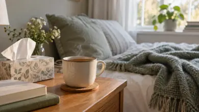 Tasse Tee, Taschentücher und eine Decke auf einem Tisch [Bildinhalt mit KI erstellt]