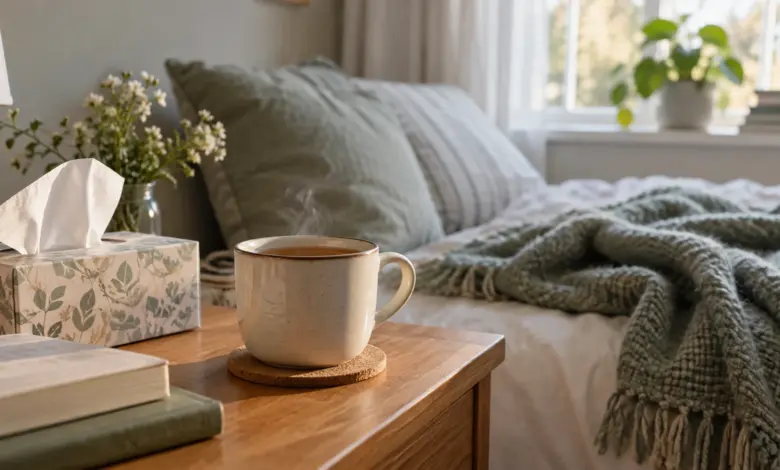 Tasse Tee, Taschentücher und eine Decke auf einem Tisch [Bildinhalt mit KI erstellt]