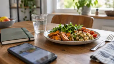 Smartphone mit unscharfem Bildschirm neben Notizbuch und einer Mahlzeit [Bildinhalt mit KI erstellt]
