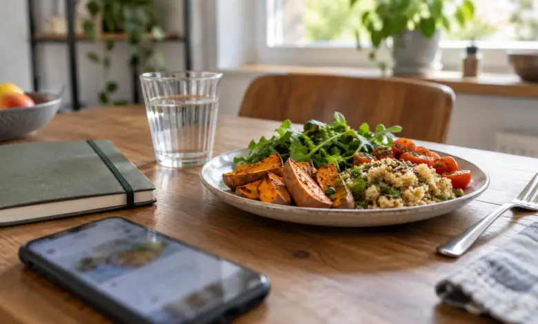 Smartphone mit unscharfem Bildschirm neben Notizbuch und einer Mahlzeit [Bildinhalt mit KI erstellt]