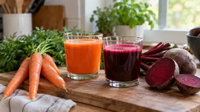 Zwei Gläser Gemüsesaft neben Karotten und Roter Bete [Bildinhalt mit KI erstellt]