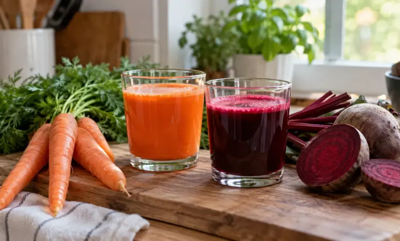 Zwei Gläser Gemüsesaft neben Karotten und Roter Bete [Bildinhalt mit KI erstellt]