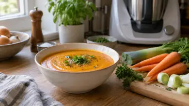 Schale cremige Gemüsesuppe neben Karotten und einem Küchengerät im Hintergrund [Bildinhalt mit KI erstellt]