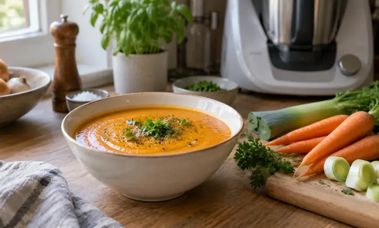 Schale cremige Gemüsesuppe neben Karotten und einem Küchengerät im Hintergrund [Bildinhalt mit KI erstellt]