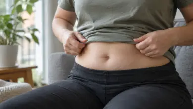 Sitzende erwachsene Person mit natürlichen Hautfalten am Bauch [Bildinhalt mit KI erstellt]