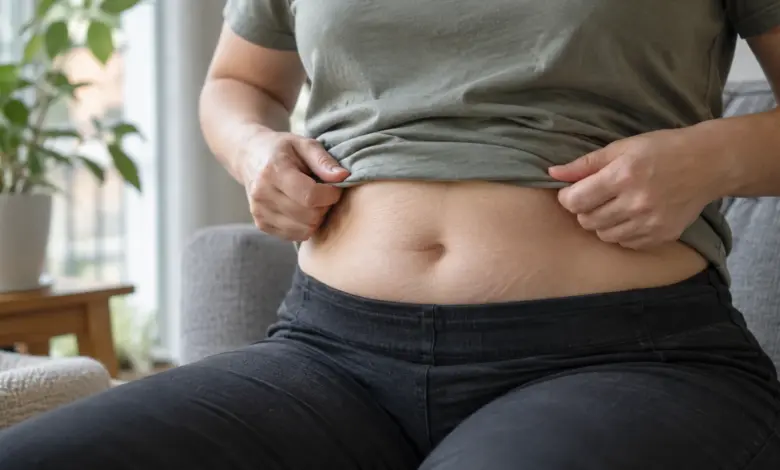 Sitzende erwachsene Person mit natürlichen Hautfalten am Bauch [Bildinhalt mit KI erstellt]