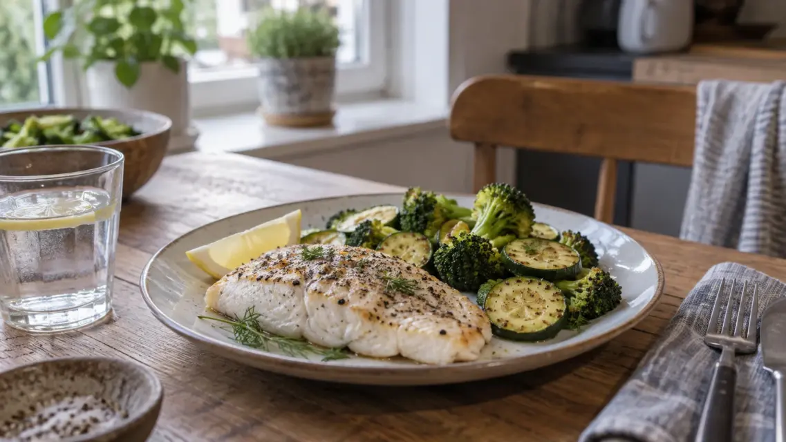 Gebratenes Fischfilet mit Zucchini und Brokkoli auf einem Teller [Bildinhalt mit KI erstellt]