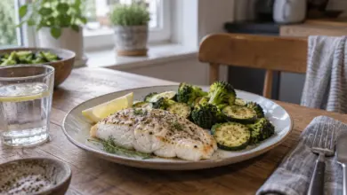 Gebratenes Fischfilet mit Zucchini und Brokkoli auf einem Teller [Bildinhalt mit KI erstellt]
