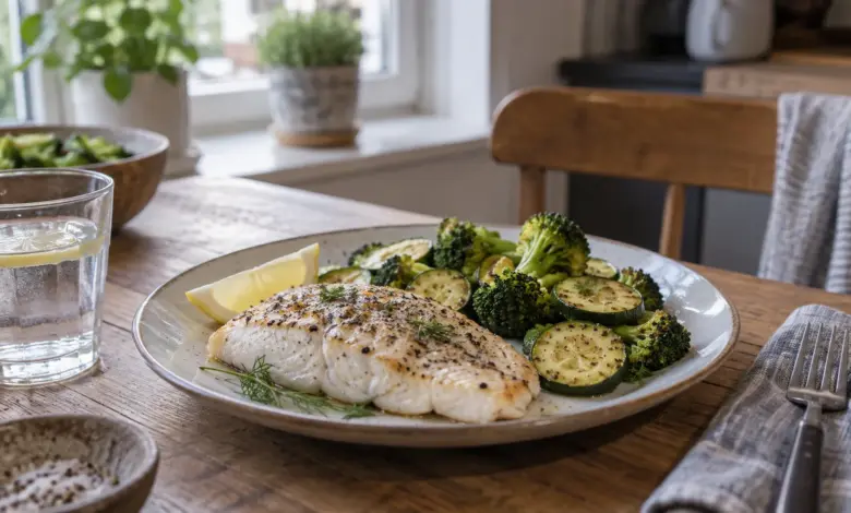 Gebratenes Fischfilet mit Zucchini und Brokkoli auf einem Teller [Bildinhalt mit KI erstellt]