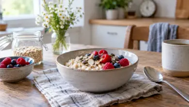 Frühstück mit Haferflocken und Beeren neben einer kleinen Uhr [Bildinhalt mit KI erstellt]