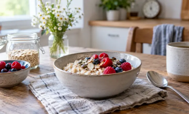 Frühstück mit Haferflocken und Beeren neben einer kleinen Uhr [Bildinhalt mit KI erstellt]
