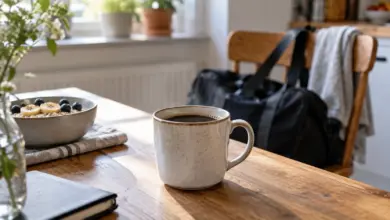 Tasse schwarzer Kaffee neben einer Sporttasche [Bildinhalt mit KI erstellt]