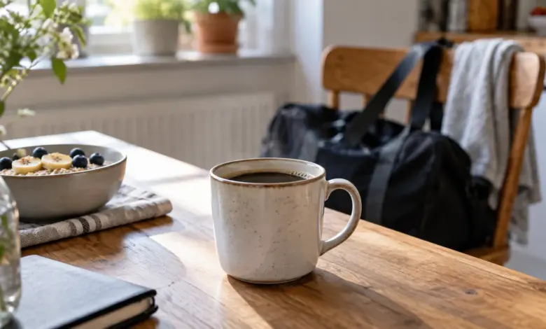 Tasse schwarzer Kaffee neben einer Sporttasche [Bildinhalt mit KI erstellt]