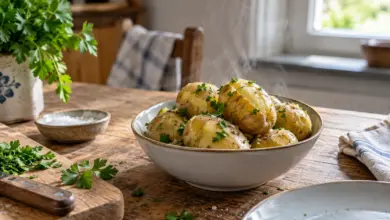 Schale mit gekochten Kartoffeln und Petersilie [Bildinhalt mit KI erstellt]
