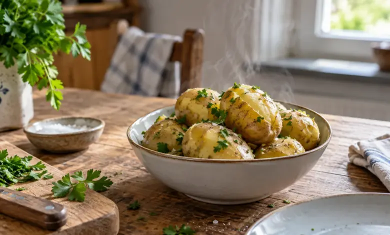 Schale mit gekochten Kartoffeln und Petersilie [Bildinhalt mit KI erstellt]
