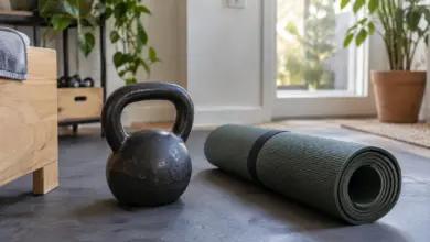 Eine Kettlebell steht neben einer Trainingsmatte [Bildinhalt mit KI erstellt]