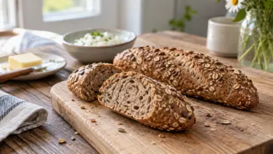 Zwei längliche Körnerbrötchen auf einem Holzbrett [Bildinhalt mit KI erstellt]