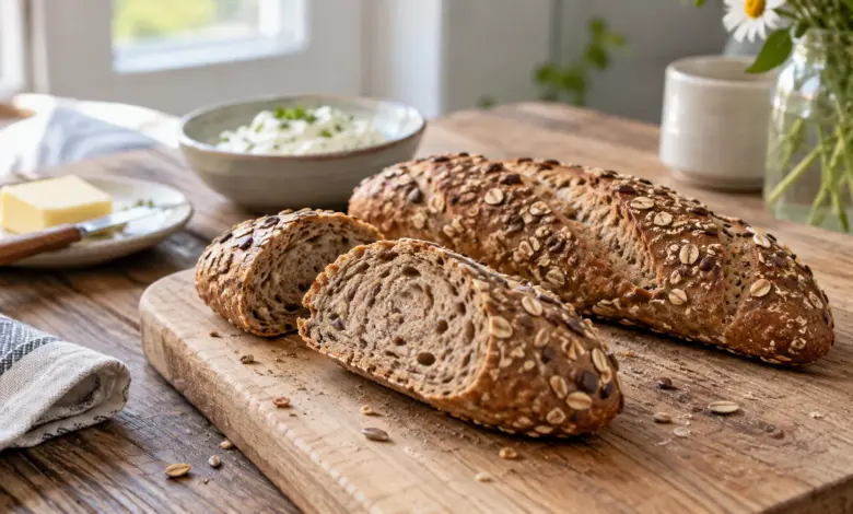 Zwei längliche Körnerbrötchen auf einem Holzbrett [Bildinhalt mit KI erstellt]