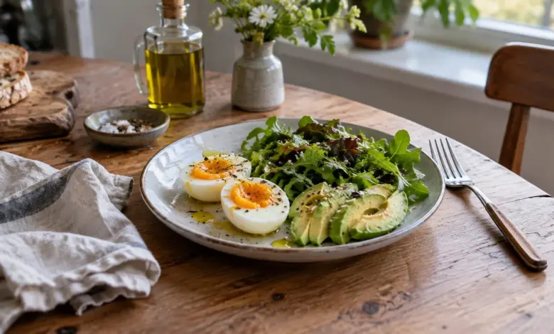 Teller mit gekochtem Ei, Avocado und Blattsalat [Bildinhalt mit KI erstellt]