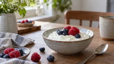 Schale mit Magerquark neben einem Löffel und frischen Beeren [Bildinhalt mit KI erstellt]