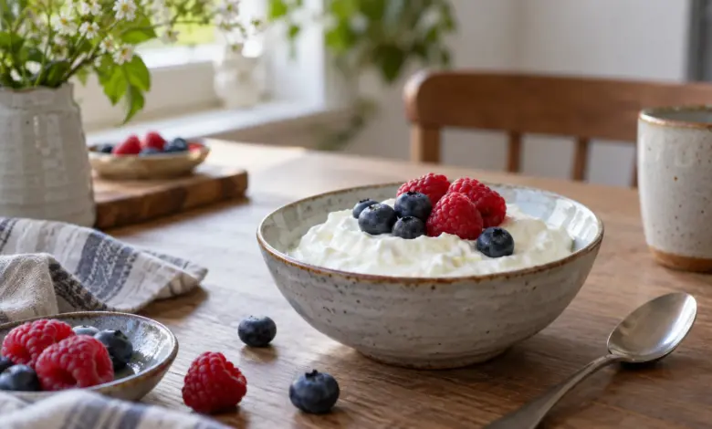 Schale mit Magerquark neben einem Löffel und frischen Beeren [Bildinhalt mit KI erstellt]