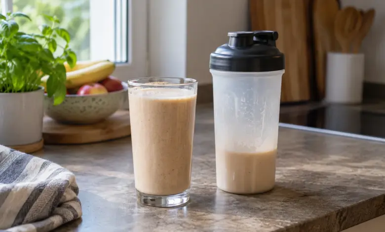 Glas mit hellem Shake neben einem schlichten Shaker ohne Markenaufdruck [Bildinhalt mit KI erstellt]