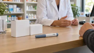 Neutrale Arzneimittelschachteln und ein geschlossener Injektionspen auf einem Apothekentisch [Bildinhalt mit KI erstellt]
