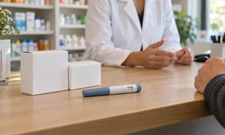 Neutrale Arzneimittelschachteln und ein geschlossener Injektionspen auf einem Apothekentisch [Bildinhalt mit KI erstellt]