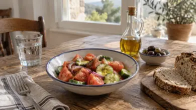 Tomatensalat, Vollkornbrot und Olivenöl auf einem Esstisch [Bildinhalt mit KI erstellt]